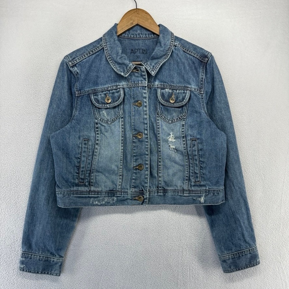 Apt. 9 Denim Jacket Womens XL Blue Distressed Cropped Trucker Jean Boxy y2k